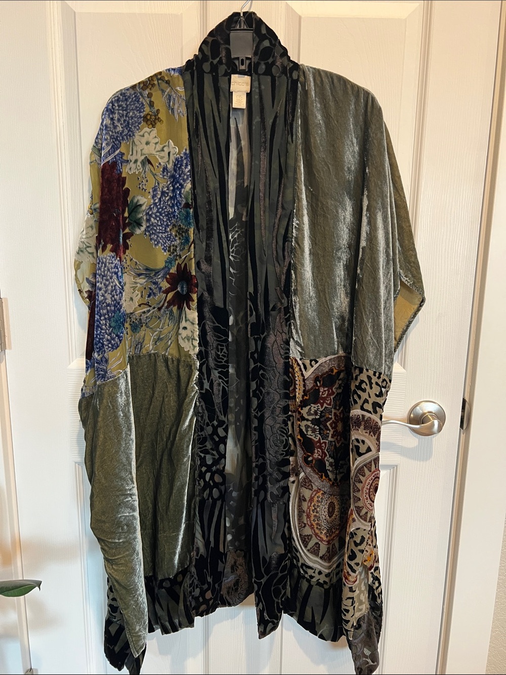 Chico's Multi-Pattern Velvet Kimono — Olive, Black, Blue, Maroon